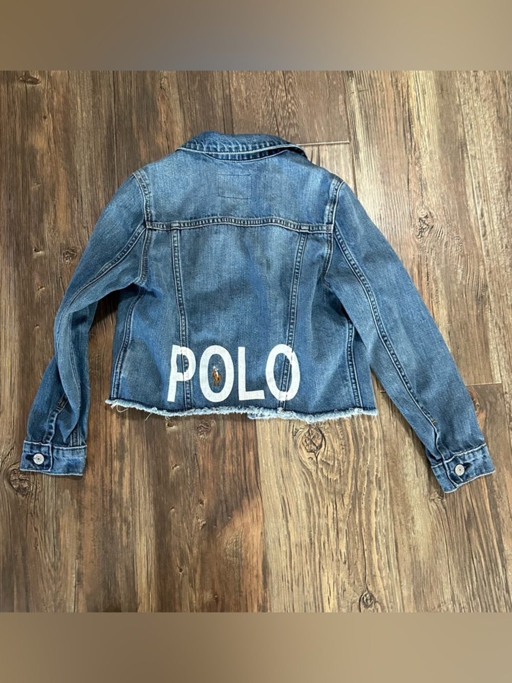 Polo Ralph Lauren cropped denim Jean jacket girls 10 raw hem spellout POLO